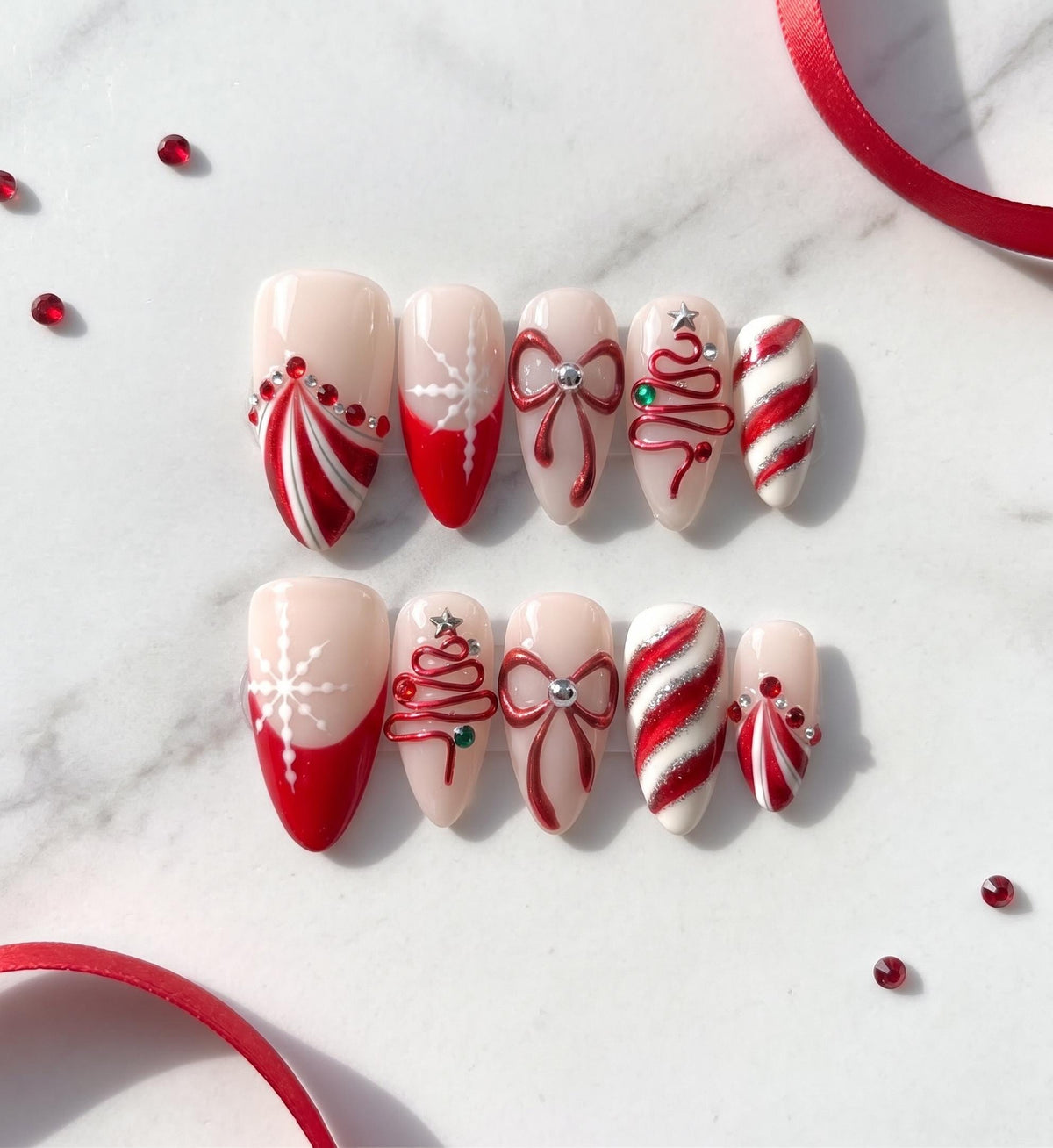 Red Bow Christmas Press On Nails With Candy Cane Stripes and Snowflakes