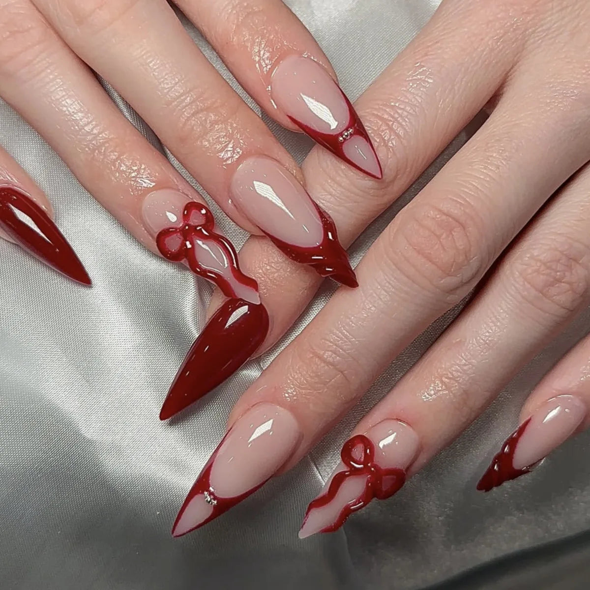 Red Bow Nude Pink French Tip Press On Nails