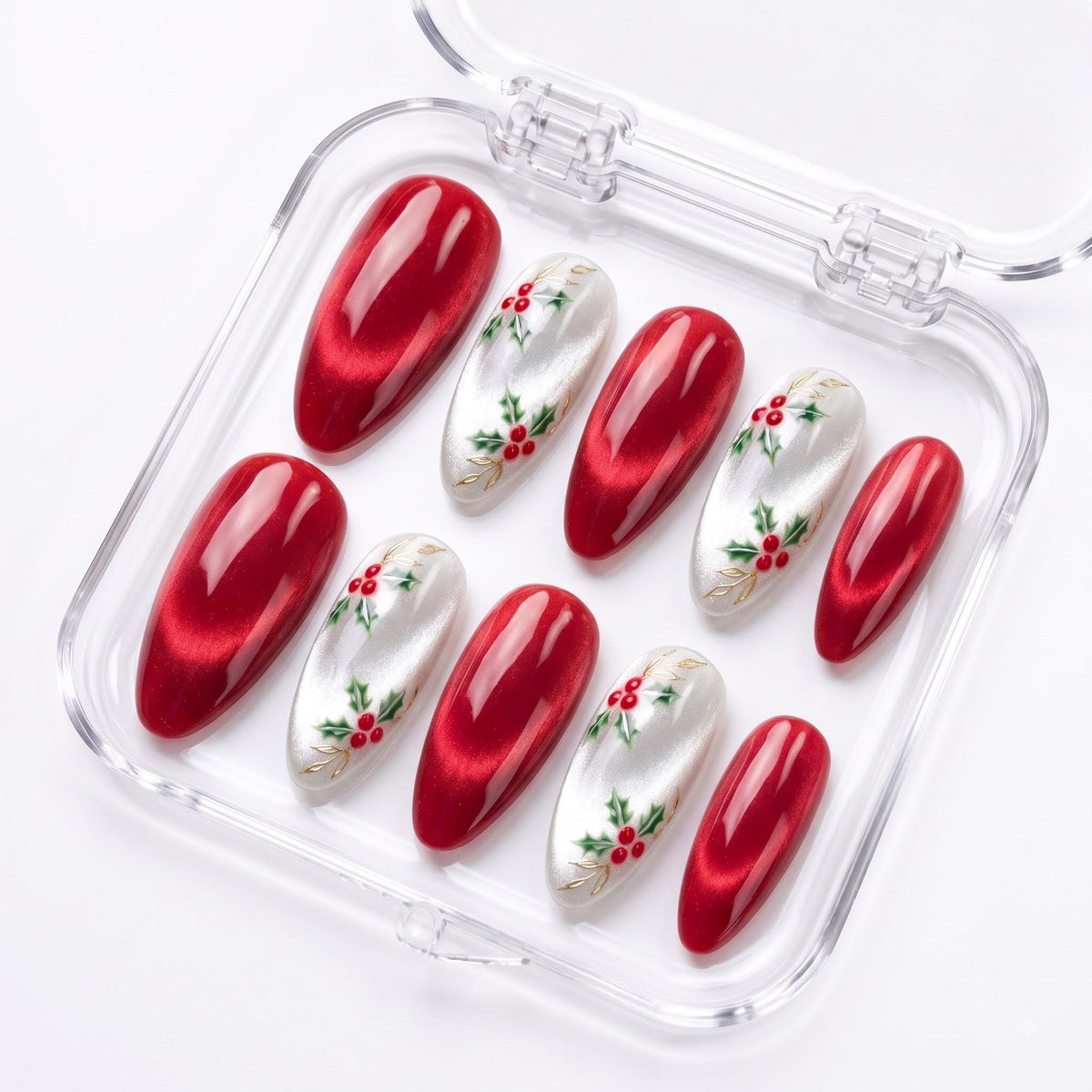 Red Cat Eye and Pearly White Christmas Holly Nail Set