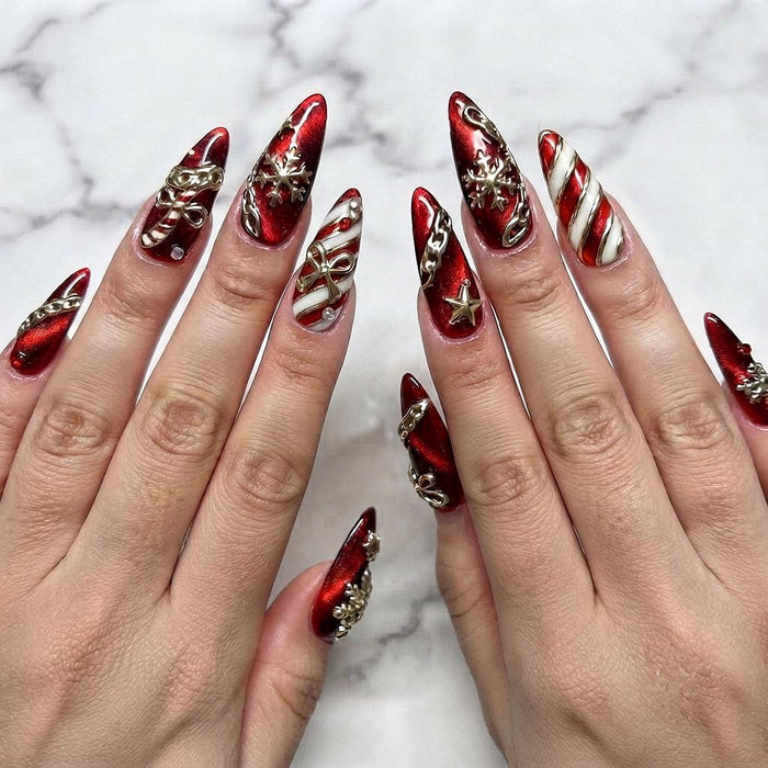 Red Cat Eye Christmas Press On Nails With Candy Cane Stripes, Snowflakes and Gold Bows
