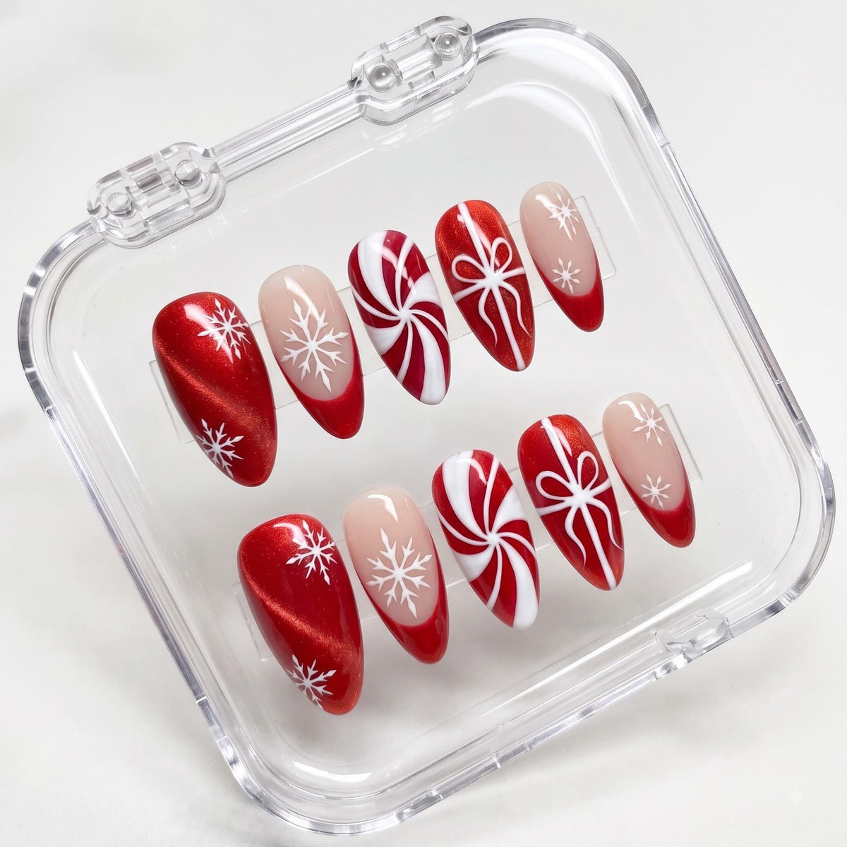 Red Cat-Eye Snowflake and Peppermint Bow Press-On Nail Set