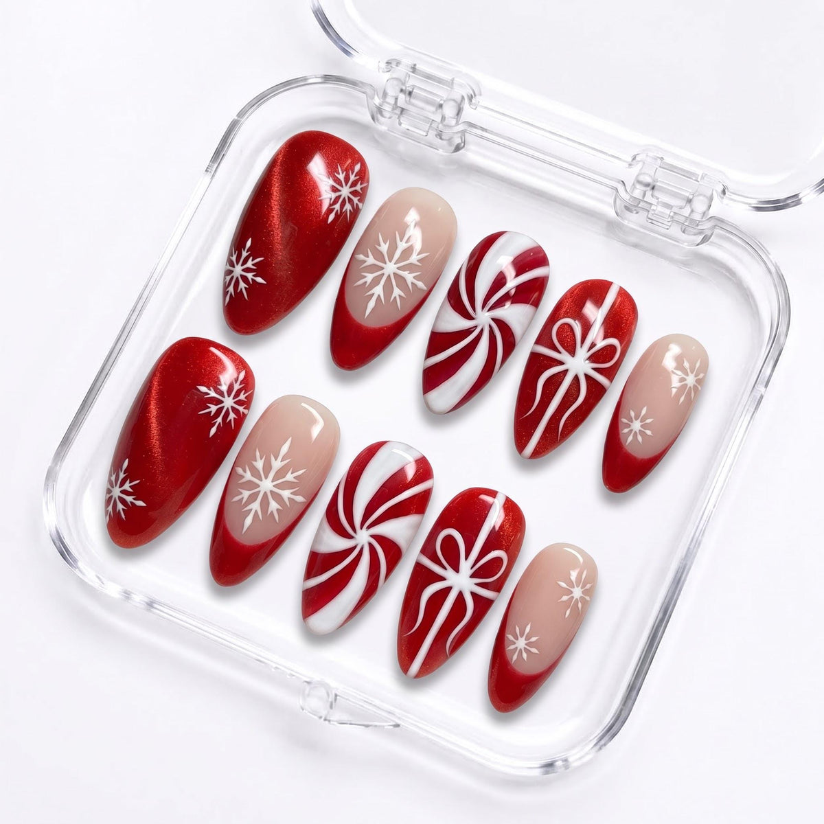 Red Cat-Eye Snowflake and Peppermint Bow Press-On Nail Set