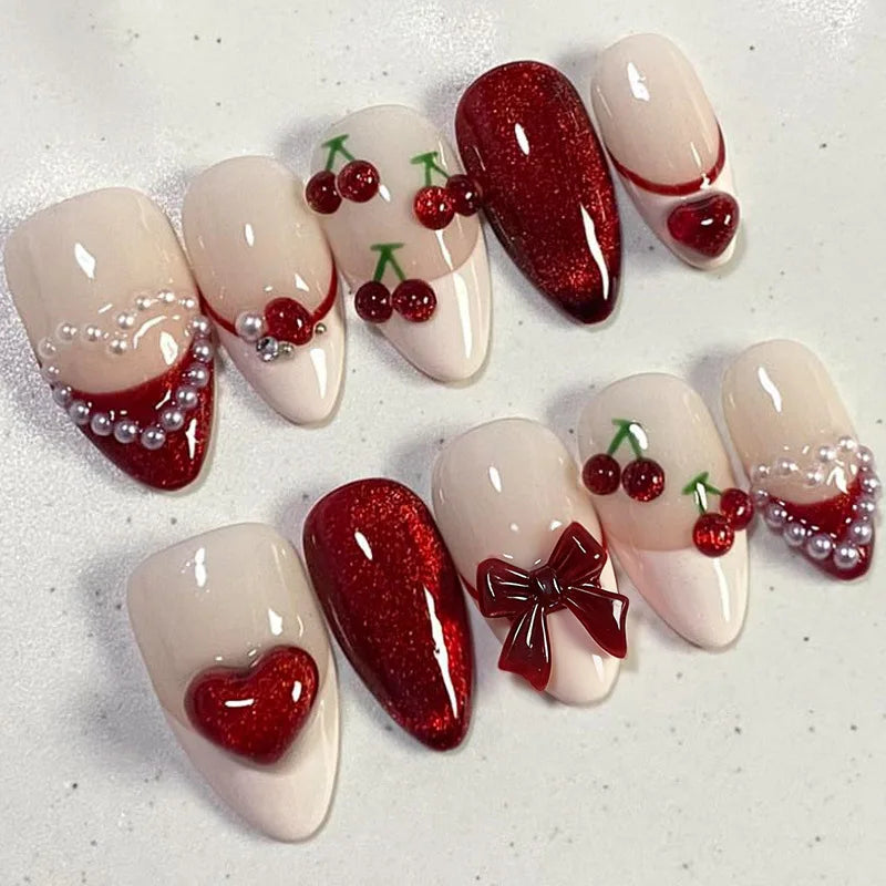 Red Cherry and Bow French Tip Press On Nails with Glitter and Pearl Accents