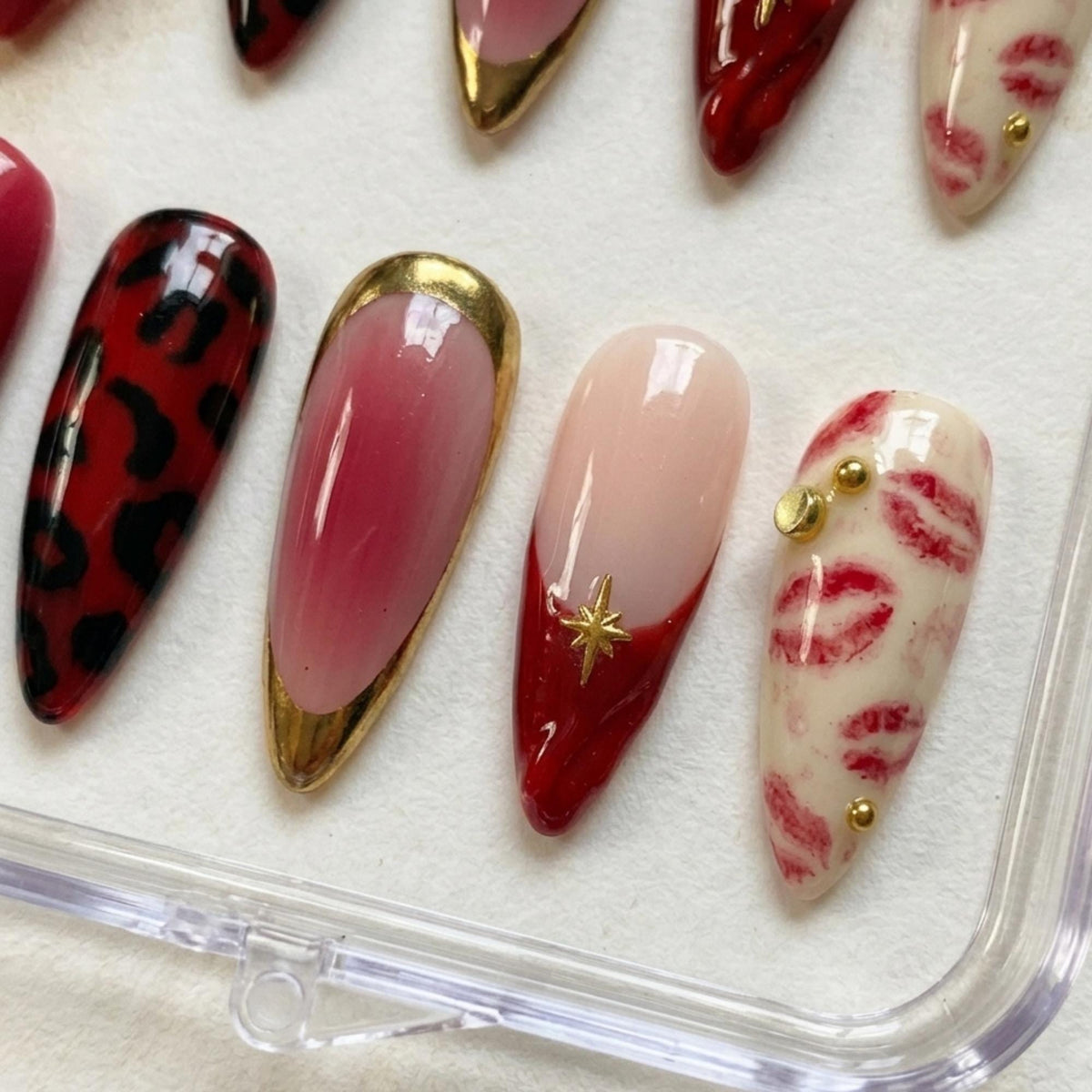 Red Cherry and Leopard Print Nail Set with Gold Accents
