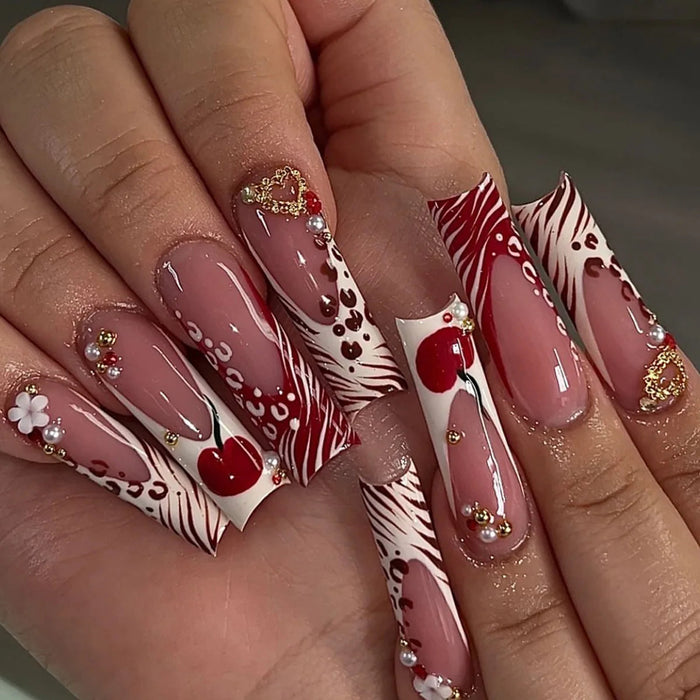 Red Cherry and Zebra Print Press-On Nails with Rhinestone Accents