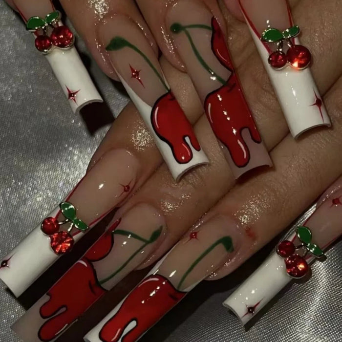 Red Cherry Drip French Tip Press On Nails with 3D Cherry Charms and Rhinestones