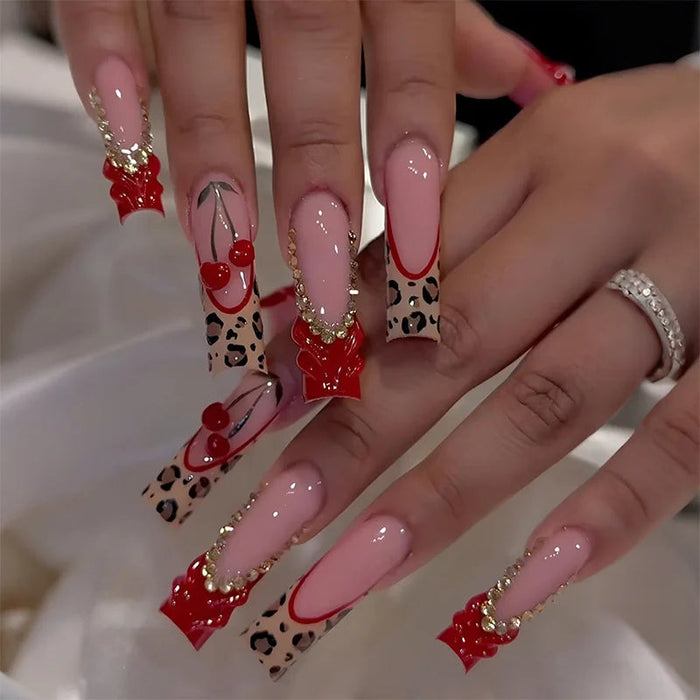 Red Cherry Floral French Tip Press On Nails With Leopard Print and Gold Rhinestone Accents