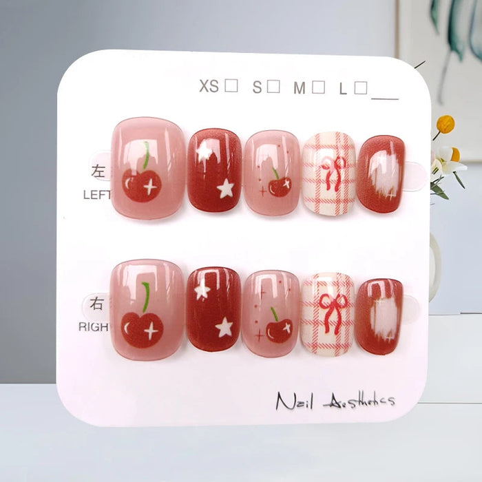 Red Cherry, Plaid Bow & Star Press On Nails