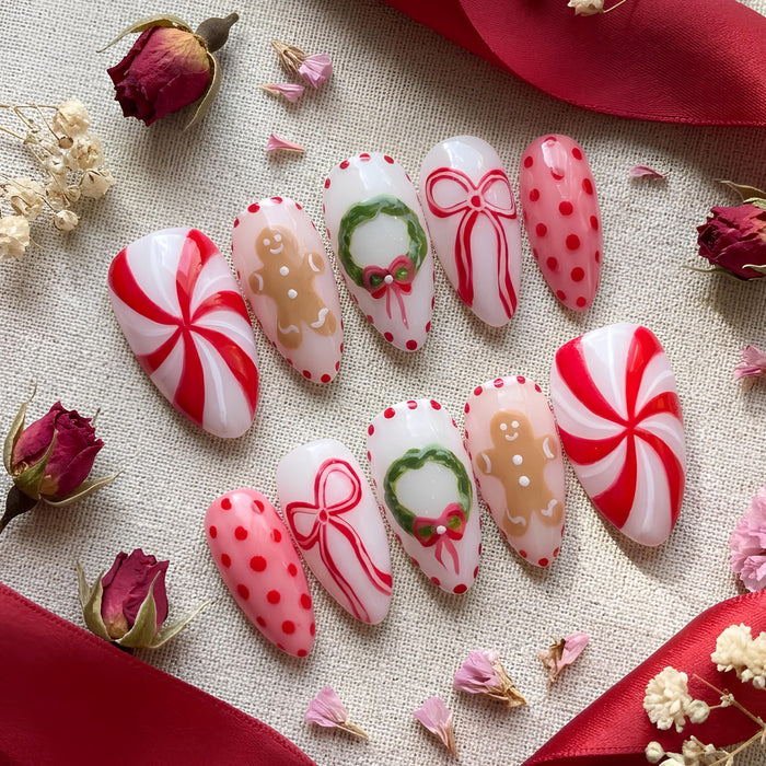 Red Christmas Gingerbread and Bow Press-On Nail Set