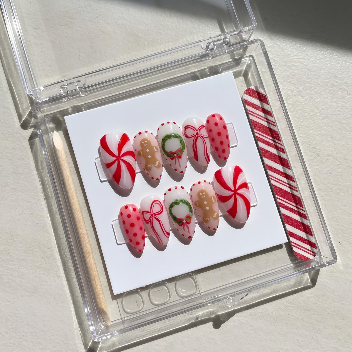 Red Christmas Gingerbread and Bow Press-On Nail Set