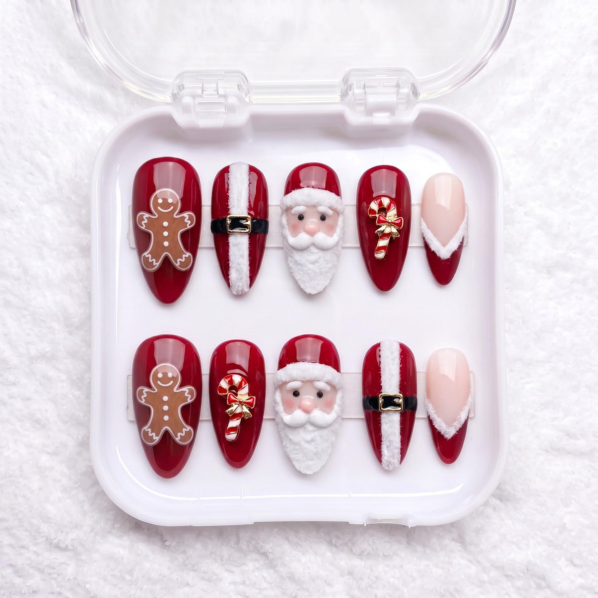 Red Christmas Nails With Santa, Gingerbread, Candy Cane Bows and French Tips