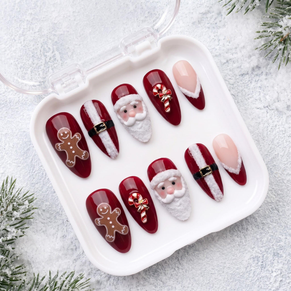 Red Christmas Nails With Santa, Gingerbread, Candy Cane Bows and French Tips