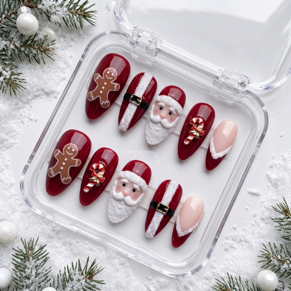 Red Christmas Nails With Santa, Gingerbread, Candy Cane Bows and French Tips