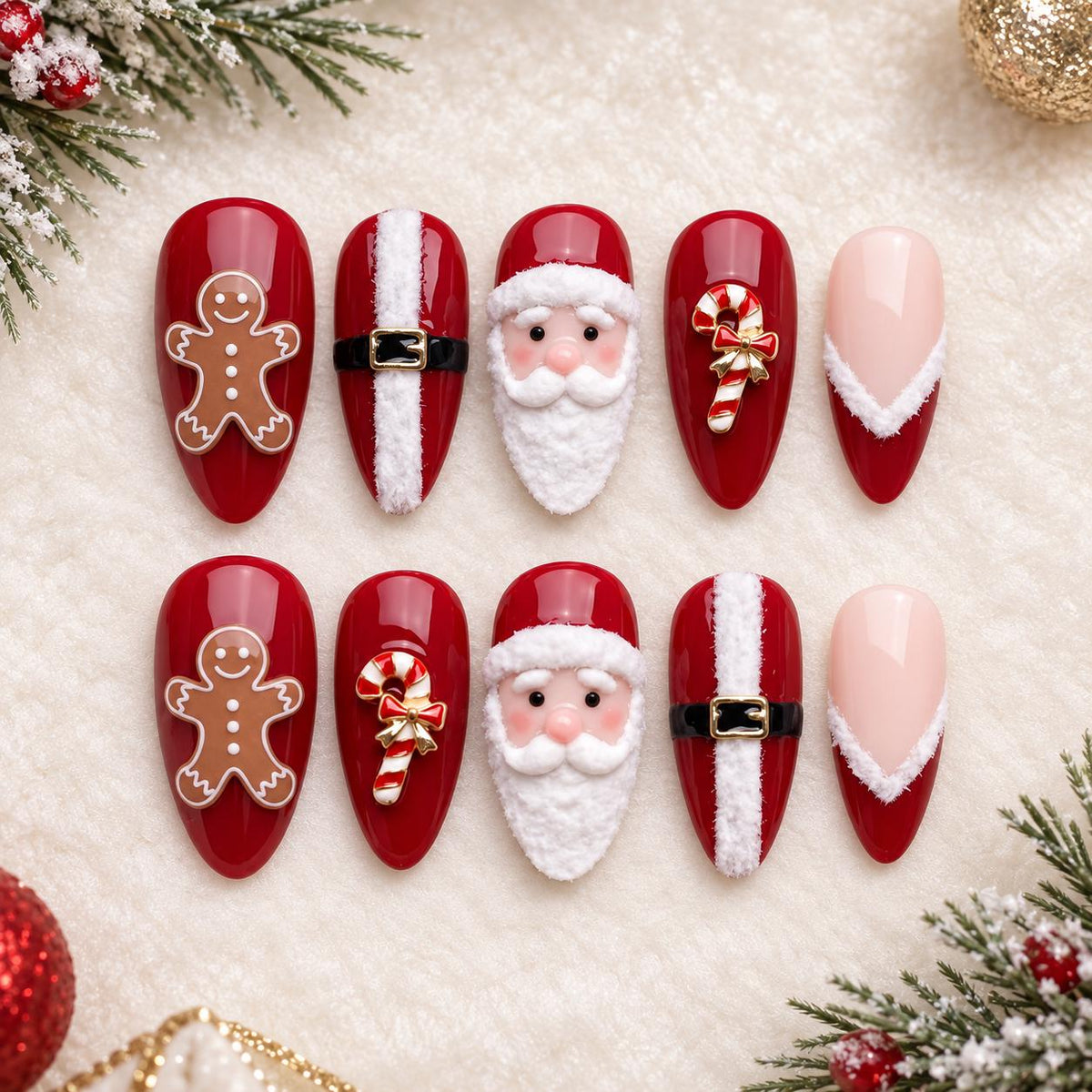 Red Christmas Press On Nails With Santa, Gingerbread, Candy Canes and Fluffy French Tips