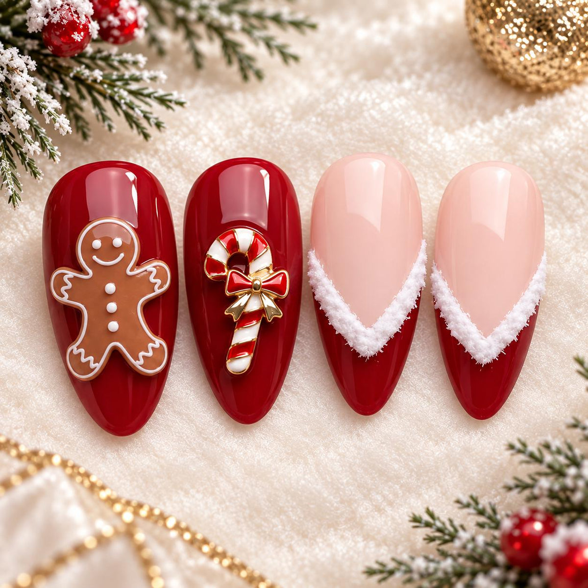 Red Christmas Press On Nails With Santa, Gingerbread, Candy Canes and Fluffy French Tips
