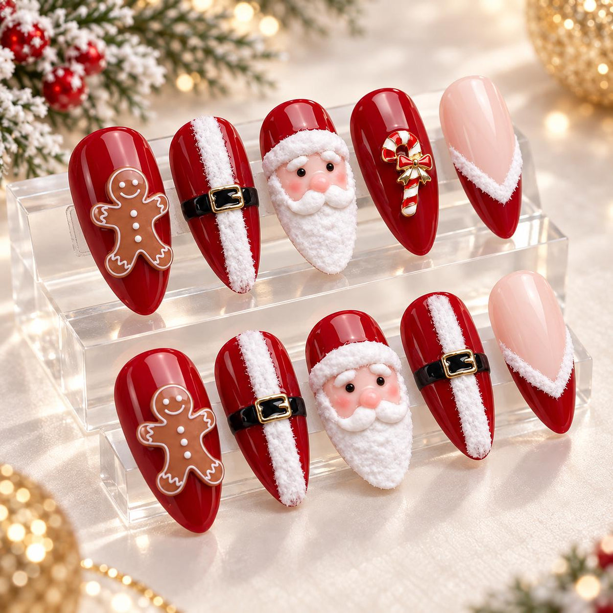 Red Christmas Press On Nails With Santa, Gingerbread, Candy Canes and Fluffy French Tips