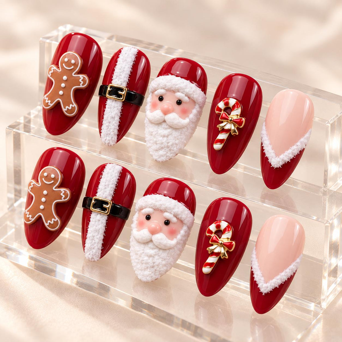 Red Christmas Press On Nails With Santa, Gingerbread, Candy Canes and Fluffy French Tips