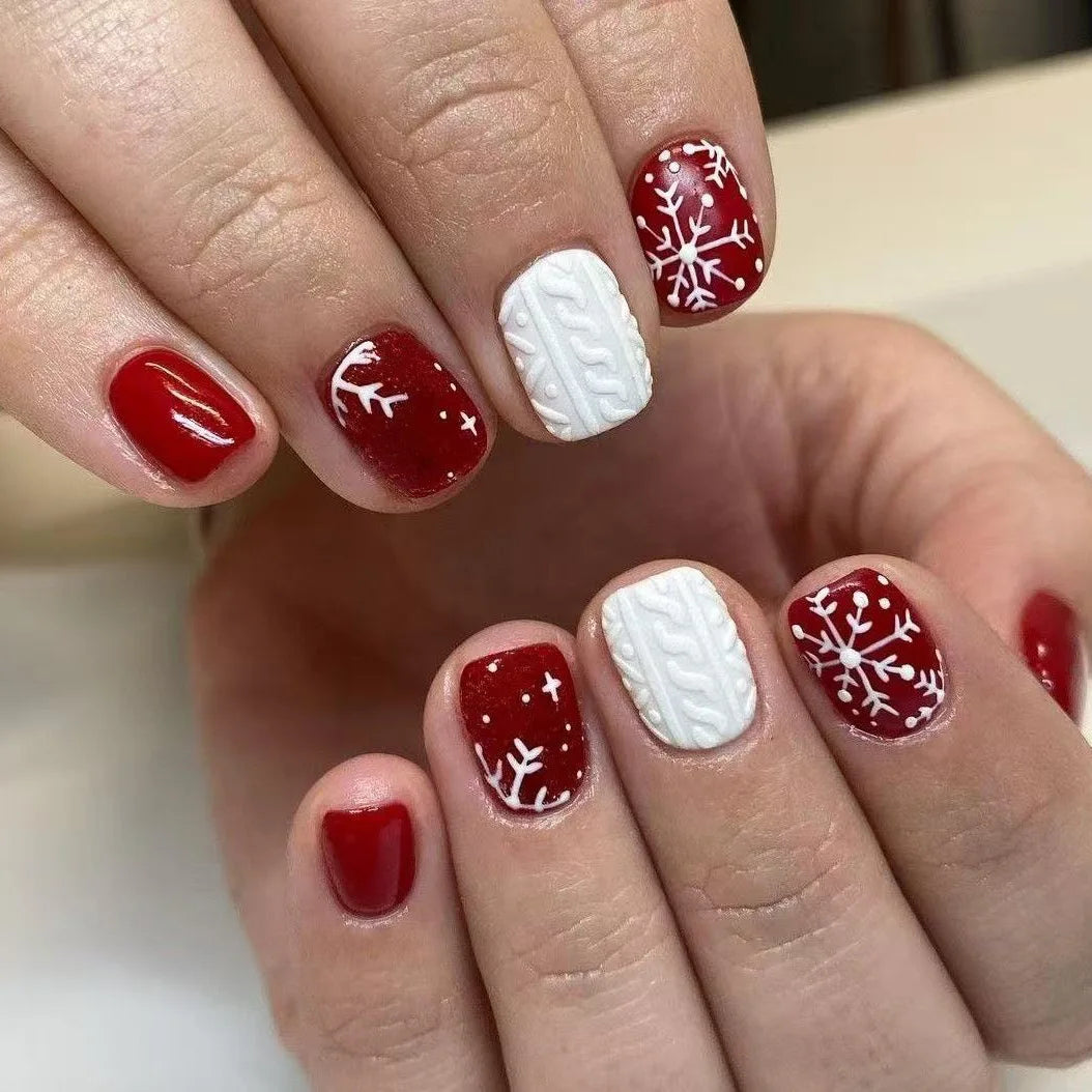 Red Christmas Snowflake Press On Nails with White Cable-Knit Accents