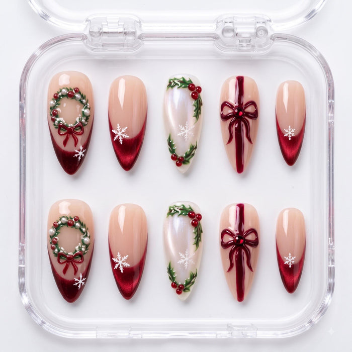 Red Christmas Wreath and Bow Press On Nails with Holly and Snowflake French Tips