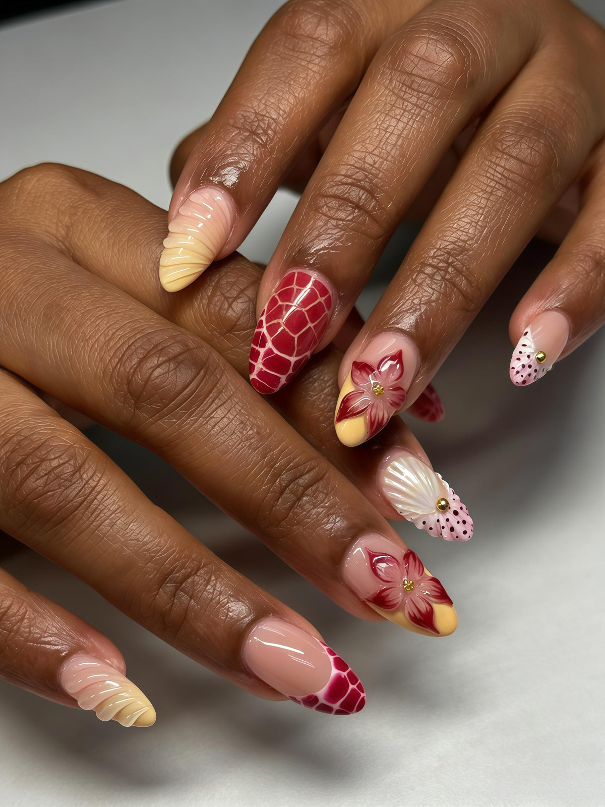 Red Crackle, Shell Texture and Floral Press-On Nail Set