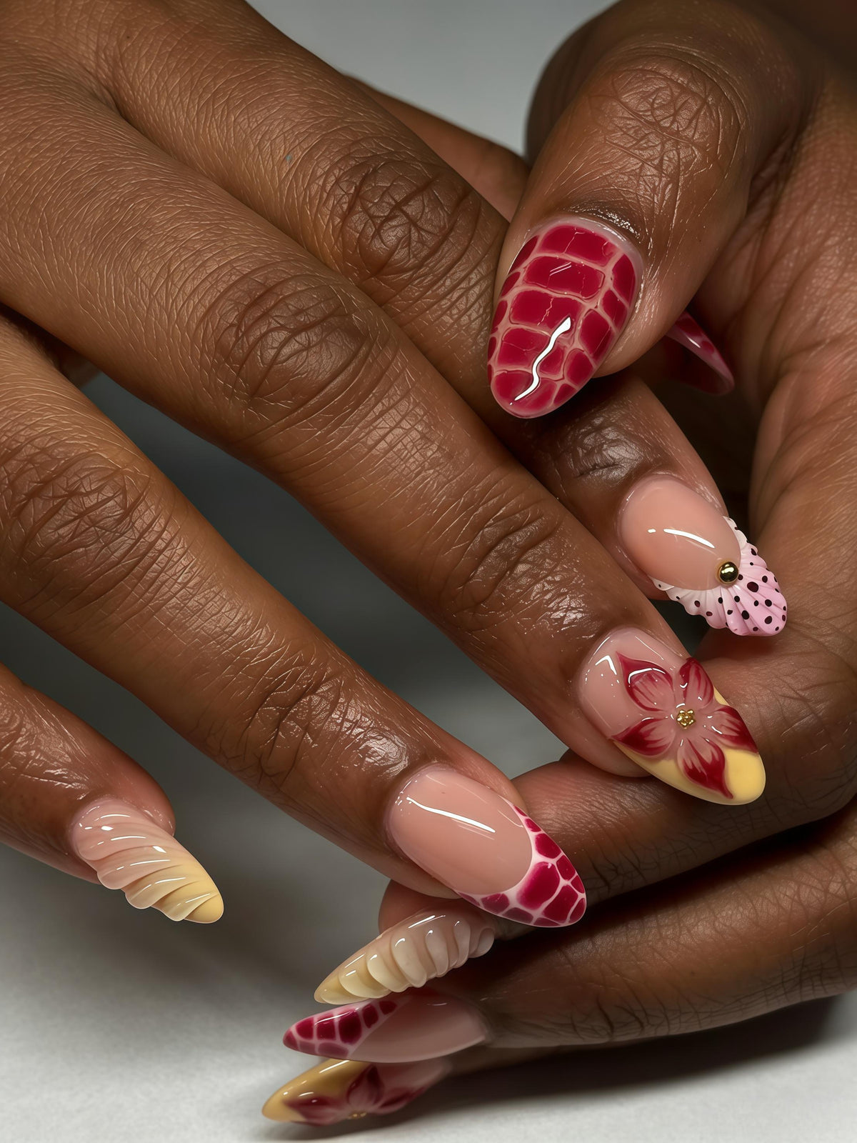 Red Crackle, Shell Texture and Floral Press-On Nail Set