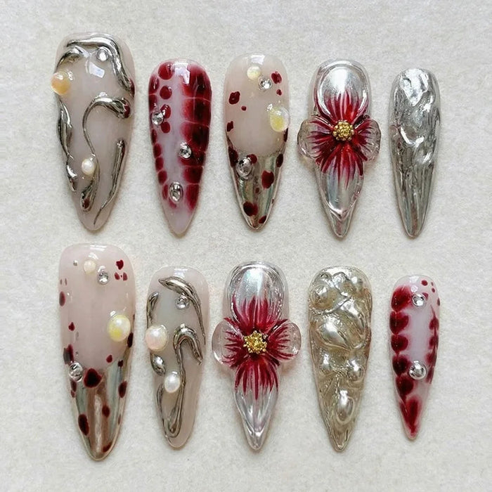 Red Flower and Pearl Chrome Press On Nails