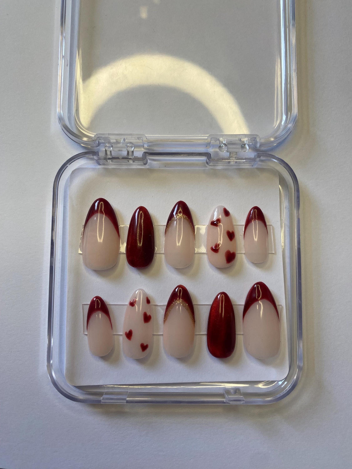 Red French Tip and Heart Press On Nails with Shimmer and Gold-Toned Edging