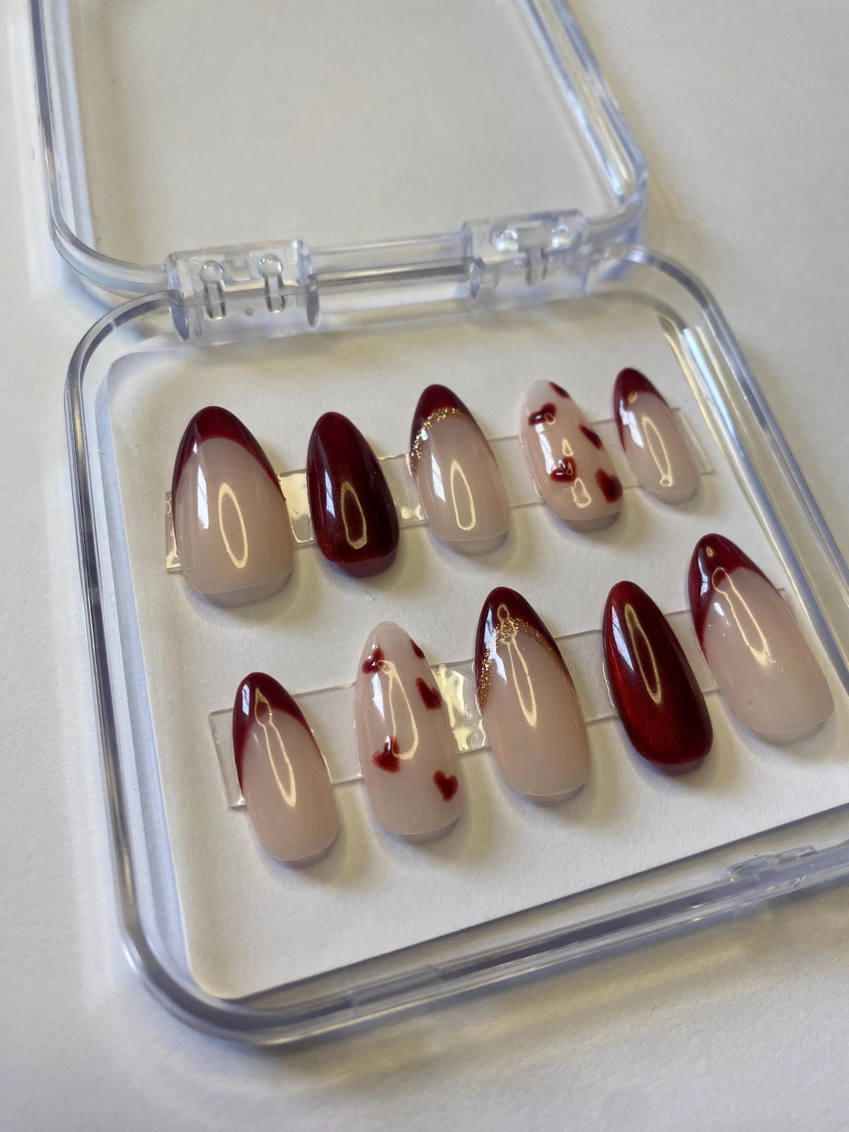 Red French Tip and Heart Press On Nails with Shimmer and Gold-Toned Edging