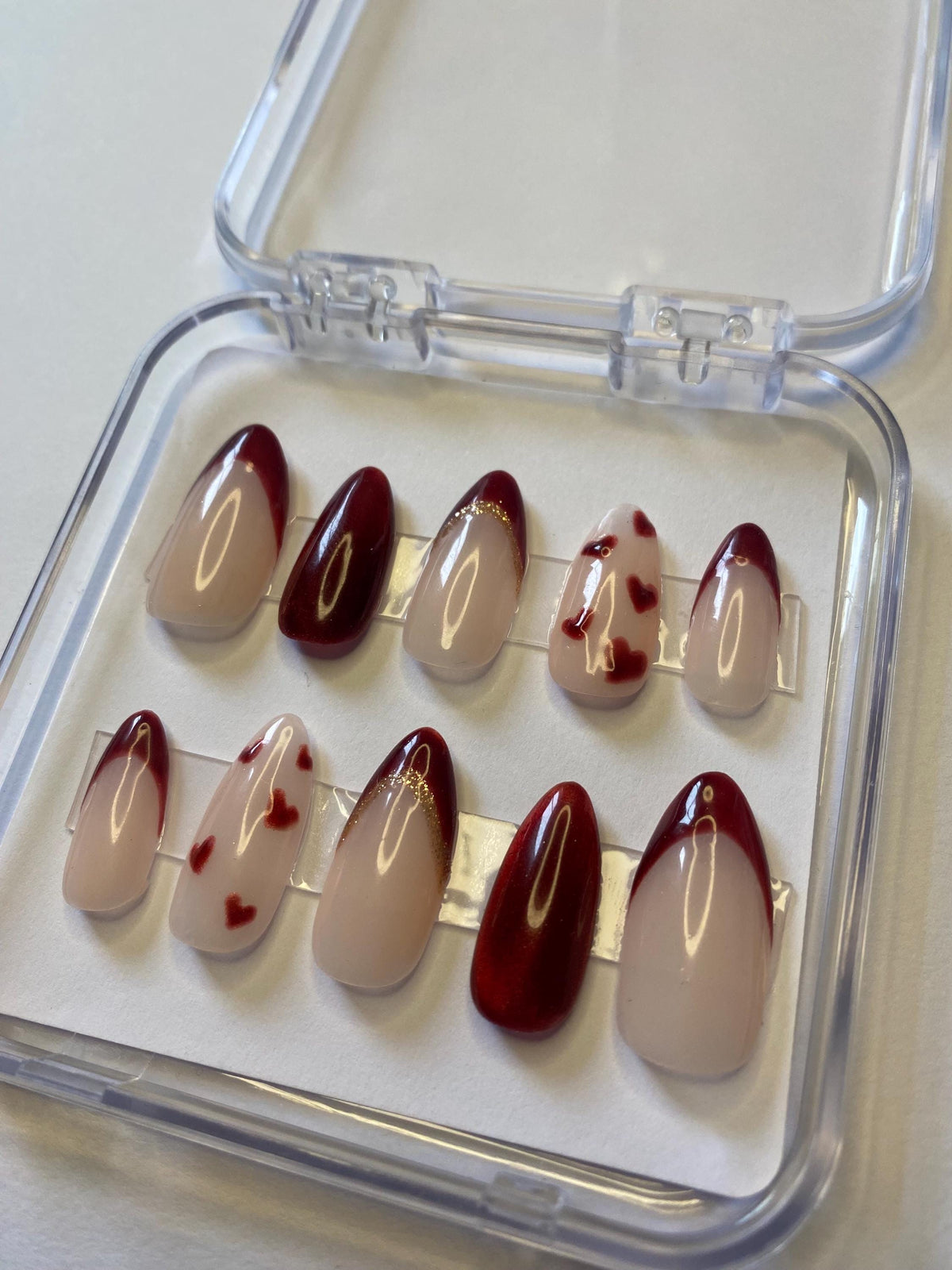 Red French Tip and Heart Press On Nails with Shimmer and Gold-Toned Edging