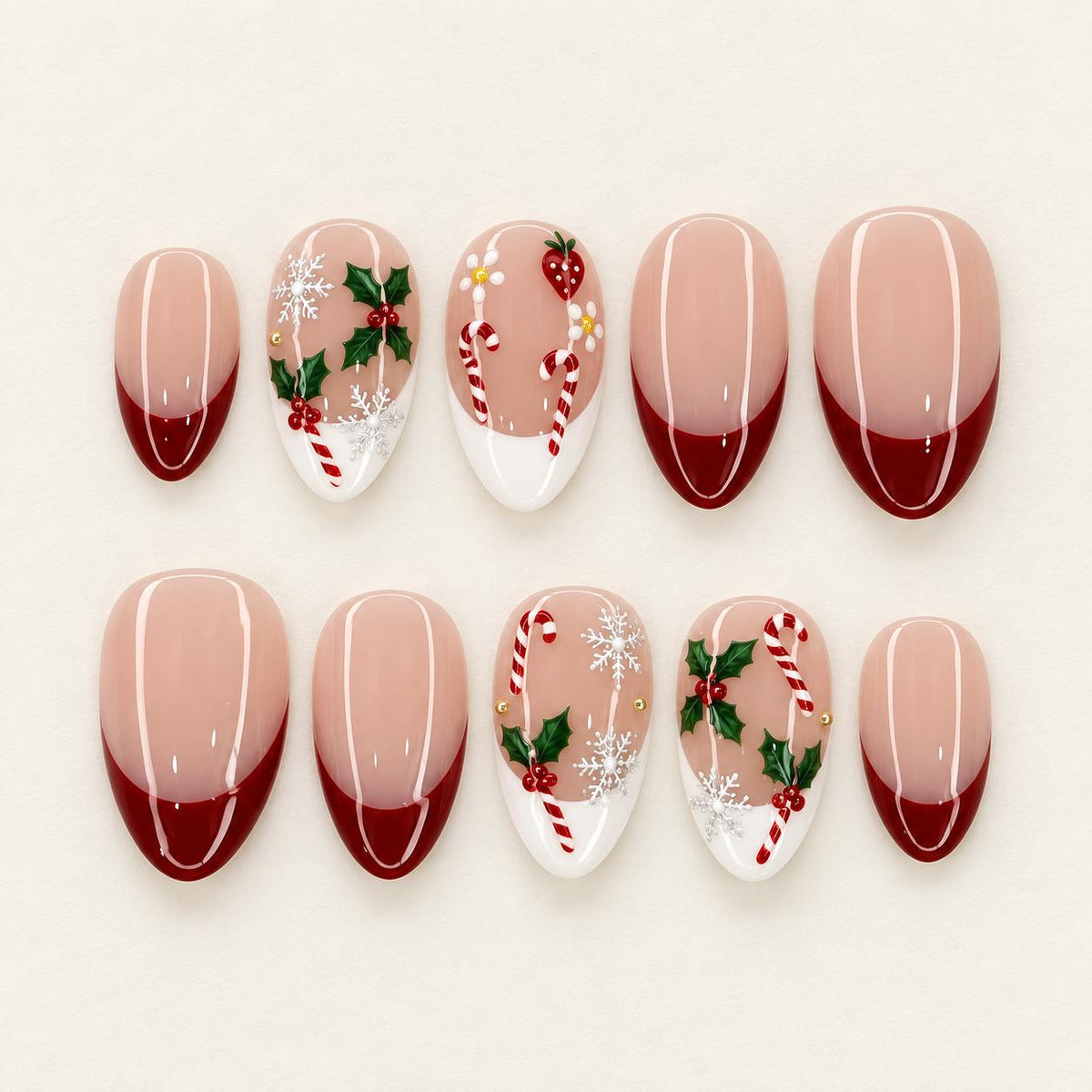 Red French Tip Christmas Press-On Nails With Holly, Candy Canes & Snowflakes