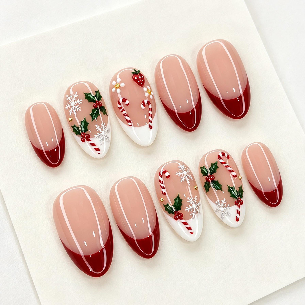 Red French Tip Christmas Press-On Nails With Holly, Candy Canes & Snowflakes