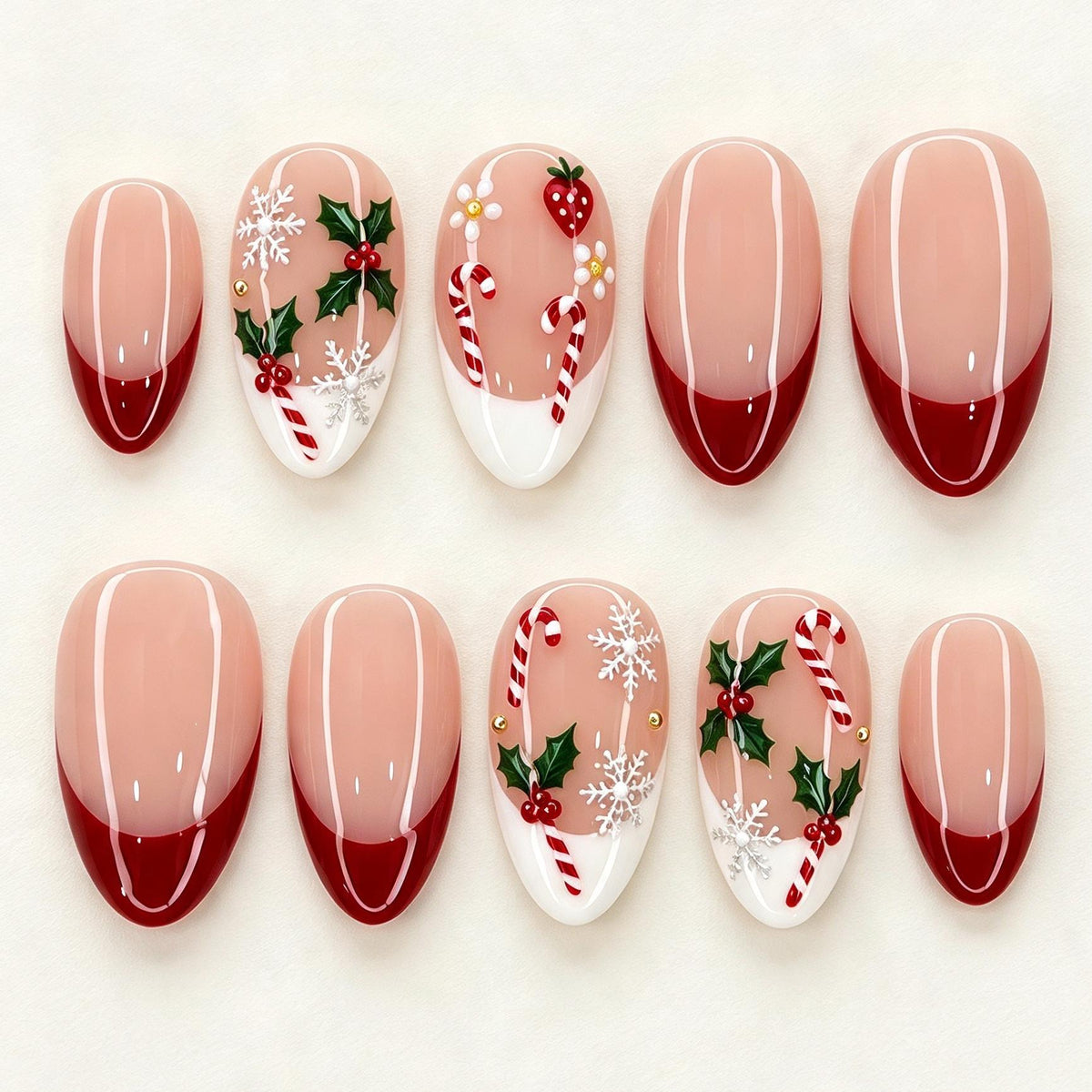 Red French Tip Christmas Press-On Nails With Holly, Candy Canes & Snowflakes