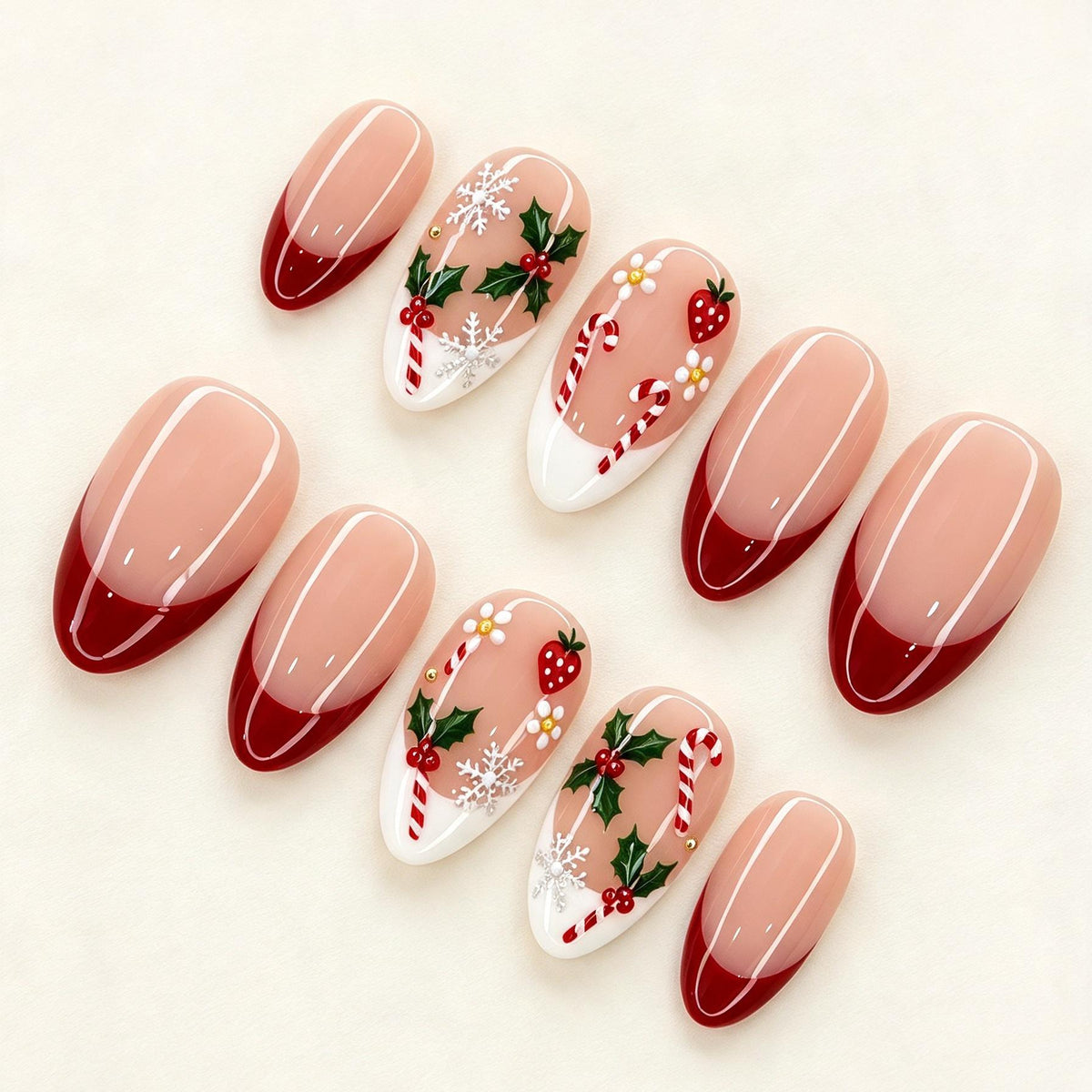 Red French Tip Christmas Press-On Nails With Holly, Candy Canes & Snowflakes