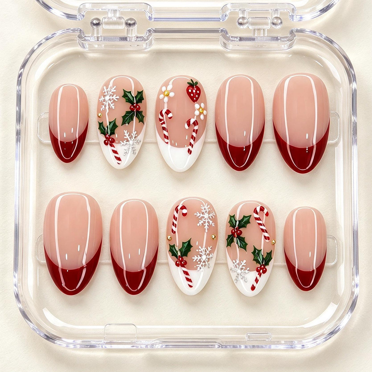 Red French Tip Christmas Press-On Nails With Holly, Candy Canes & Snowflakes