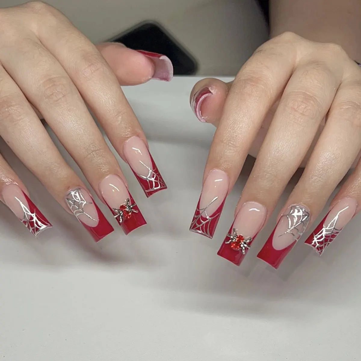 Red French Tip Halloween Nails with Spiderwebs and Raised Embellishments