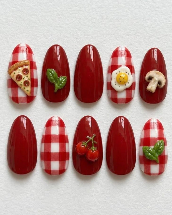 Red Gingham Picnic Press-On Nails With 3D Pizza, Egg, Mushroom and Tomato Details