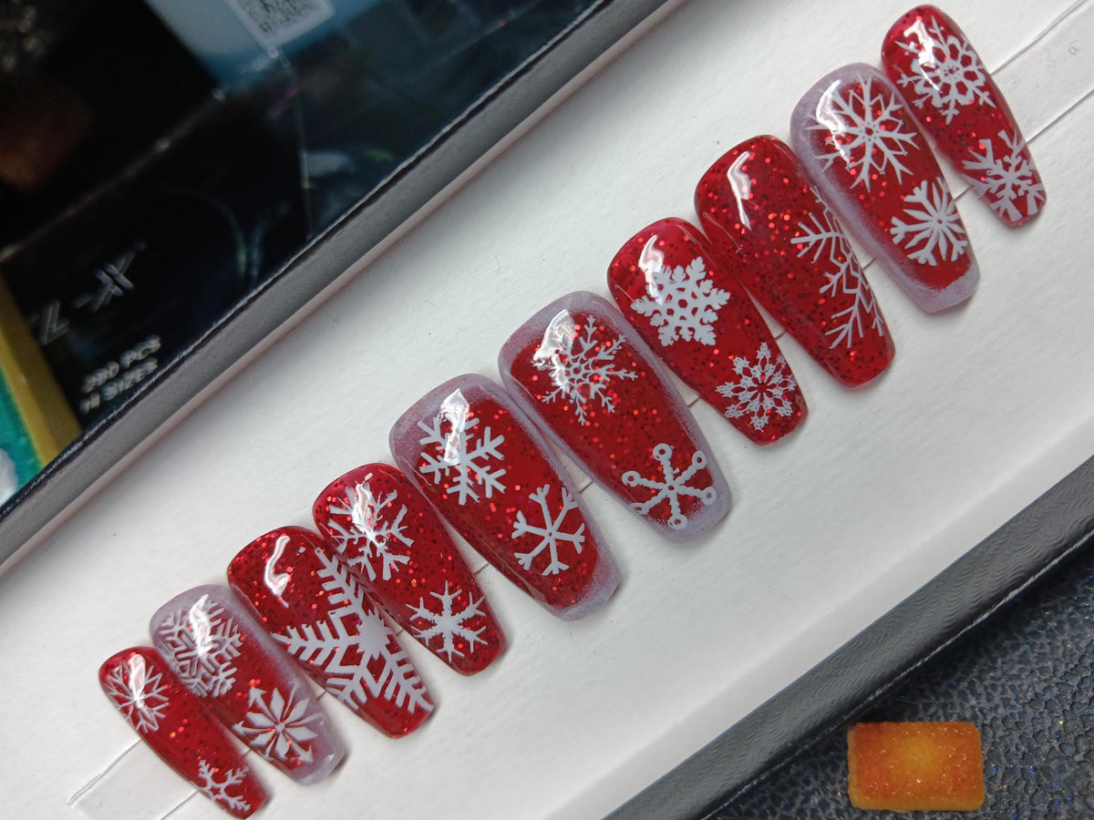Red Glitter and Icy Translucent Snowflake Christmas Nails