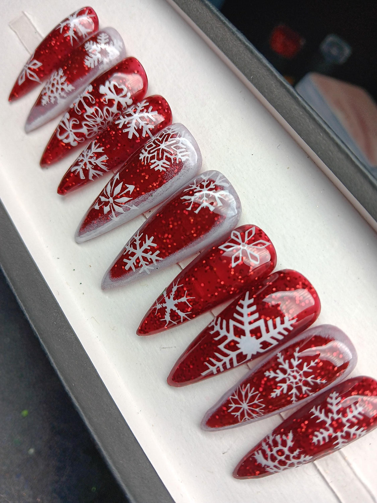 Red Glitter and Icy Translucent Snowflake Christmas Nails