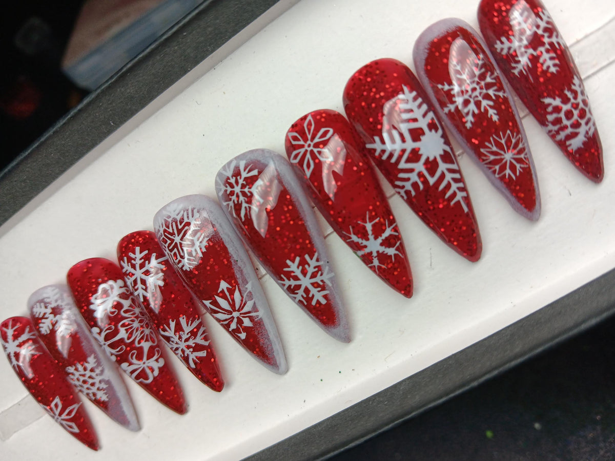 Red Glitter and Icy Translucent Snowflake Christmas Nails