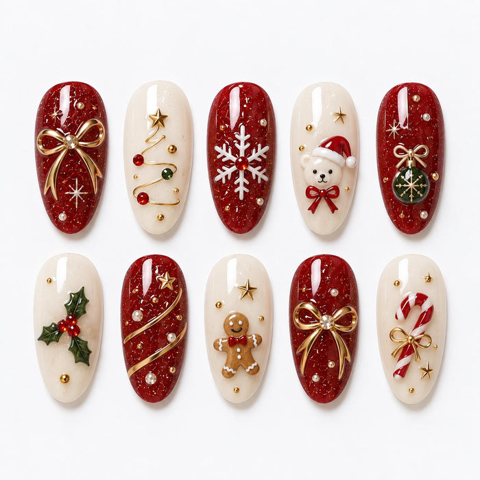 Red Glitter and Ivory Christmas Press On Nails with Gold Bows and Holiday Charms
