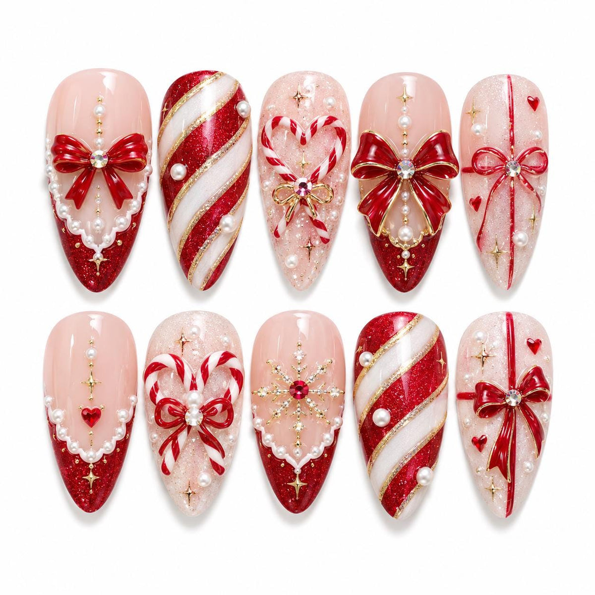 Red Glitter Candy Cane Christmas Nails With 3D Bows and Pearls