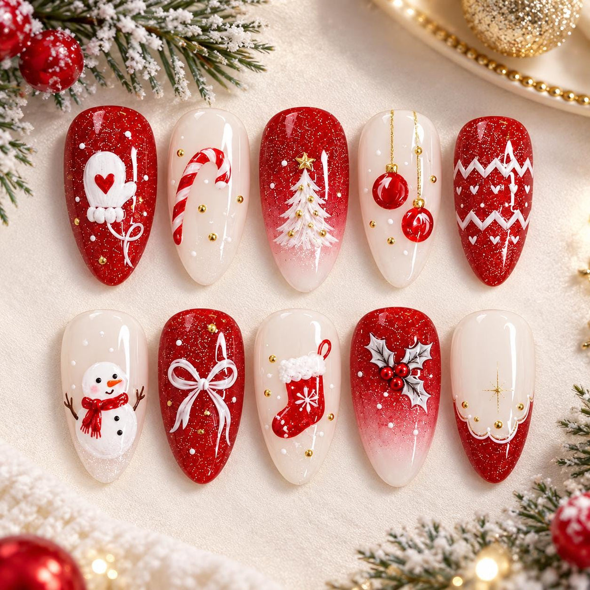 Red Glitter Christmas Nail Set With Snowman, Tree, Candy Cane and Holiday Details