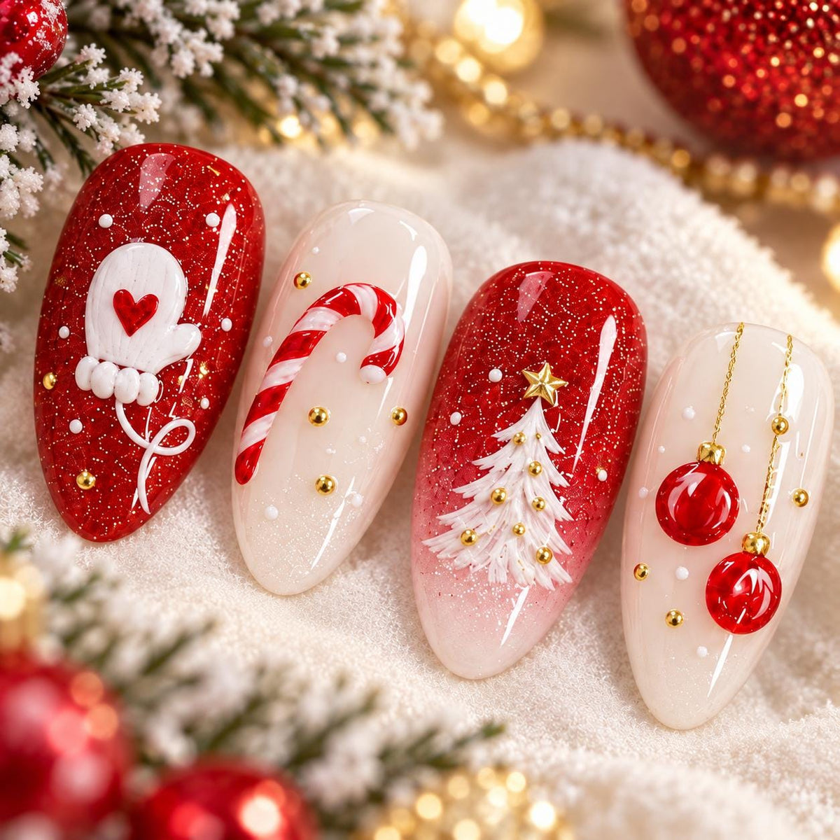 Red Glitter Christmas Nail Set With Snowman, Tree, Candy Cane and Holiday Details