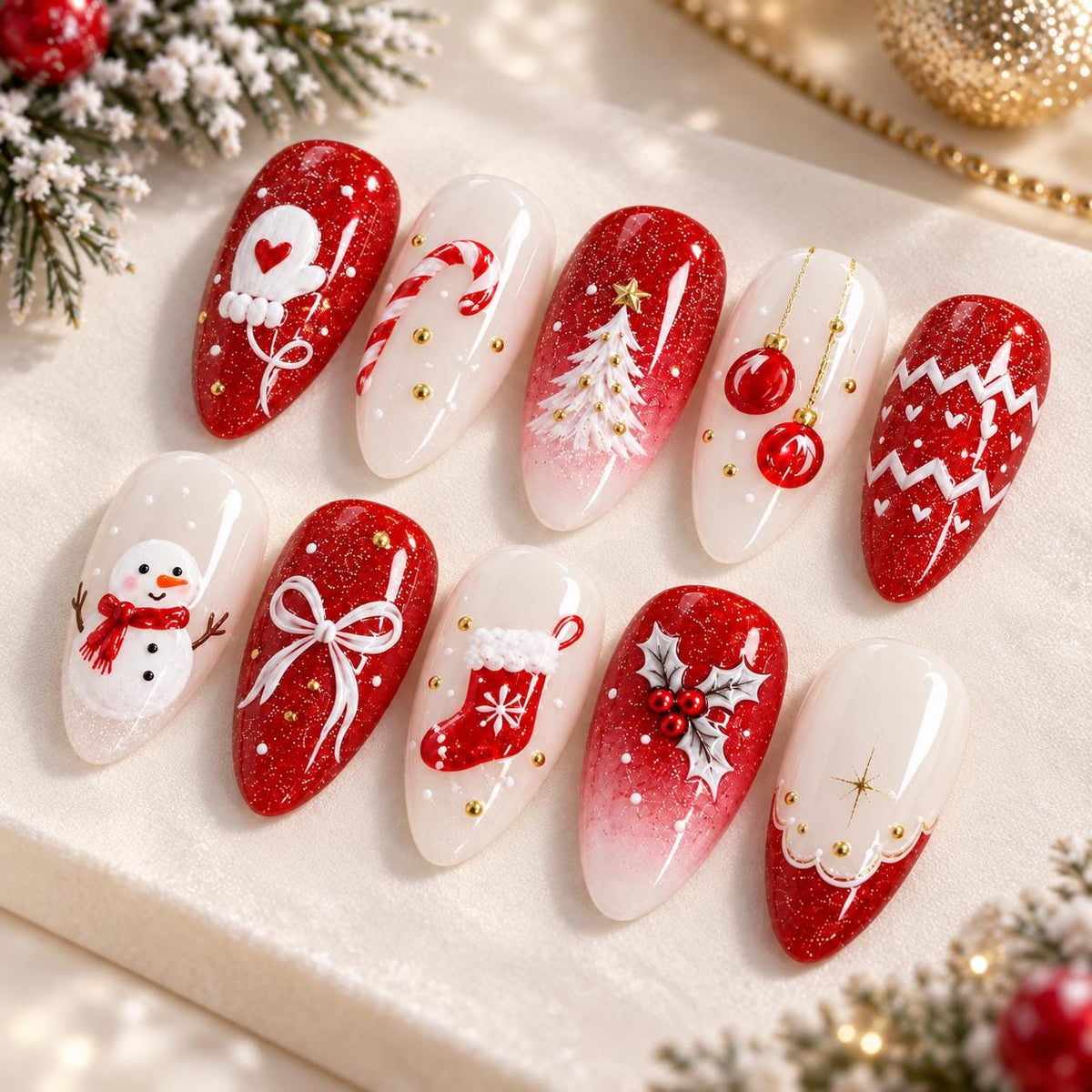 Red Glitter Christmas Nail Set With Snowman, Tree, Candy Cane and Holiday Details