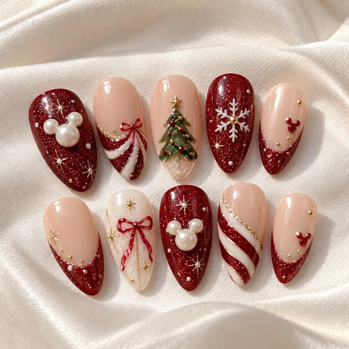 Red Glitter Christmas Press On Nails with Candy Cane Stripes, Snowflakes, Trees and Bows