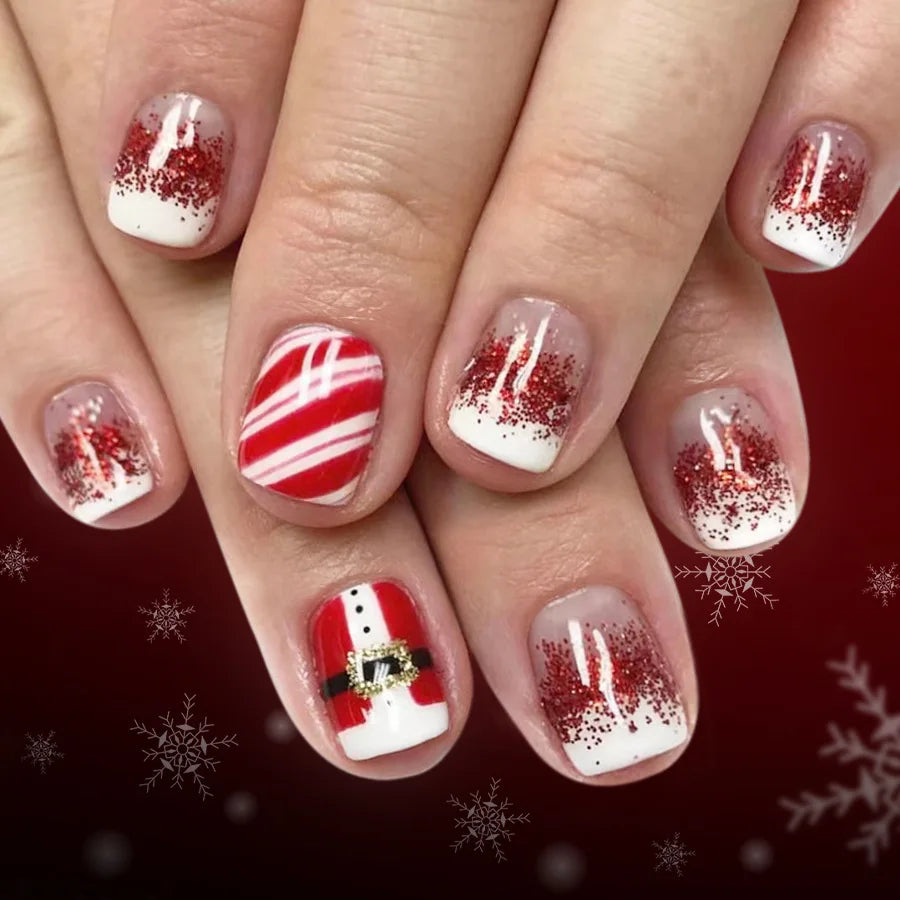 Red Glitter Christmas Press On Nails with Santa Belt and Striped Accent