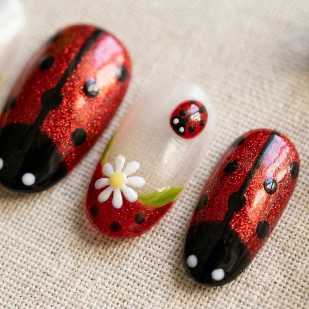 Red Glitter Ladybug and Daisy Press On Nails