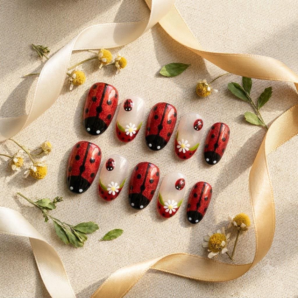Red Glitter Ladybug and Daisy Press On Nails