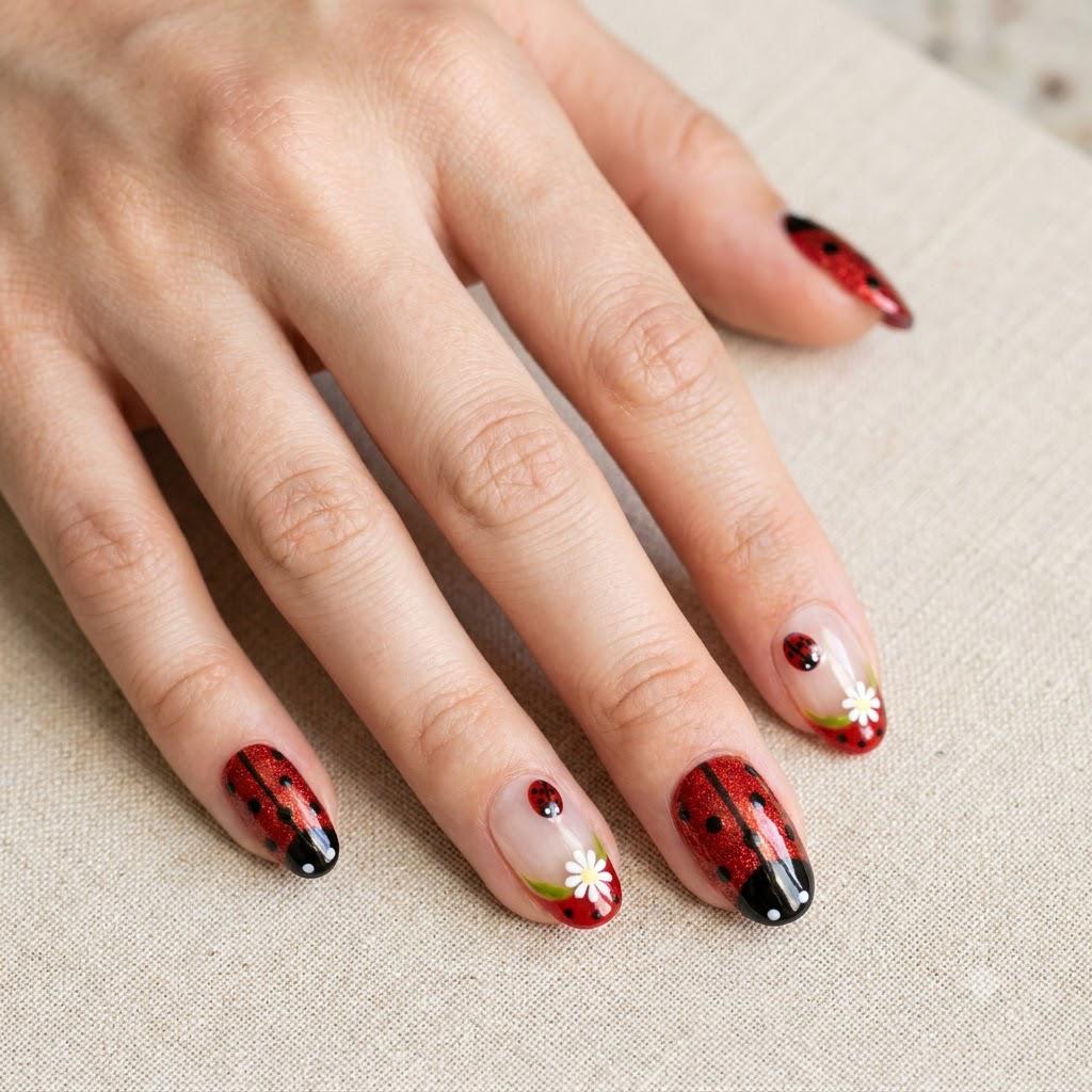 Red Glitter Ladybug and Daisy Press On Nails