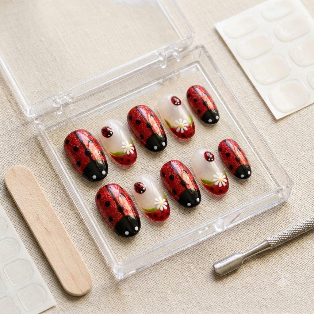 Red Glitter Ladybug and Daisy Press On Nails